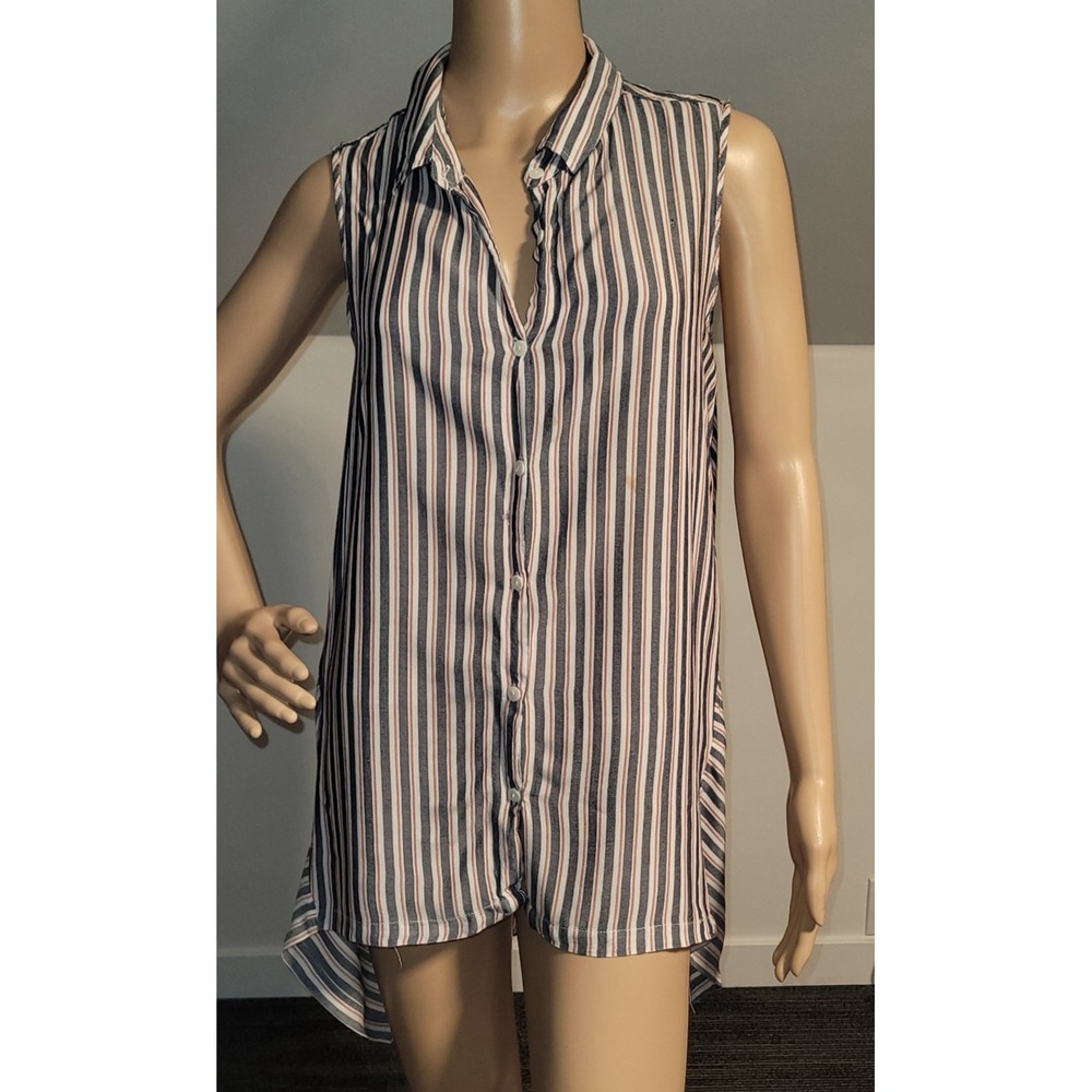 Max Studio Sleeveless Striped High-Low Tunic Blouse Women's Large Blue White Pin